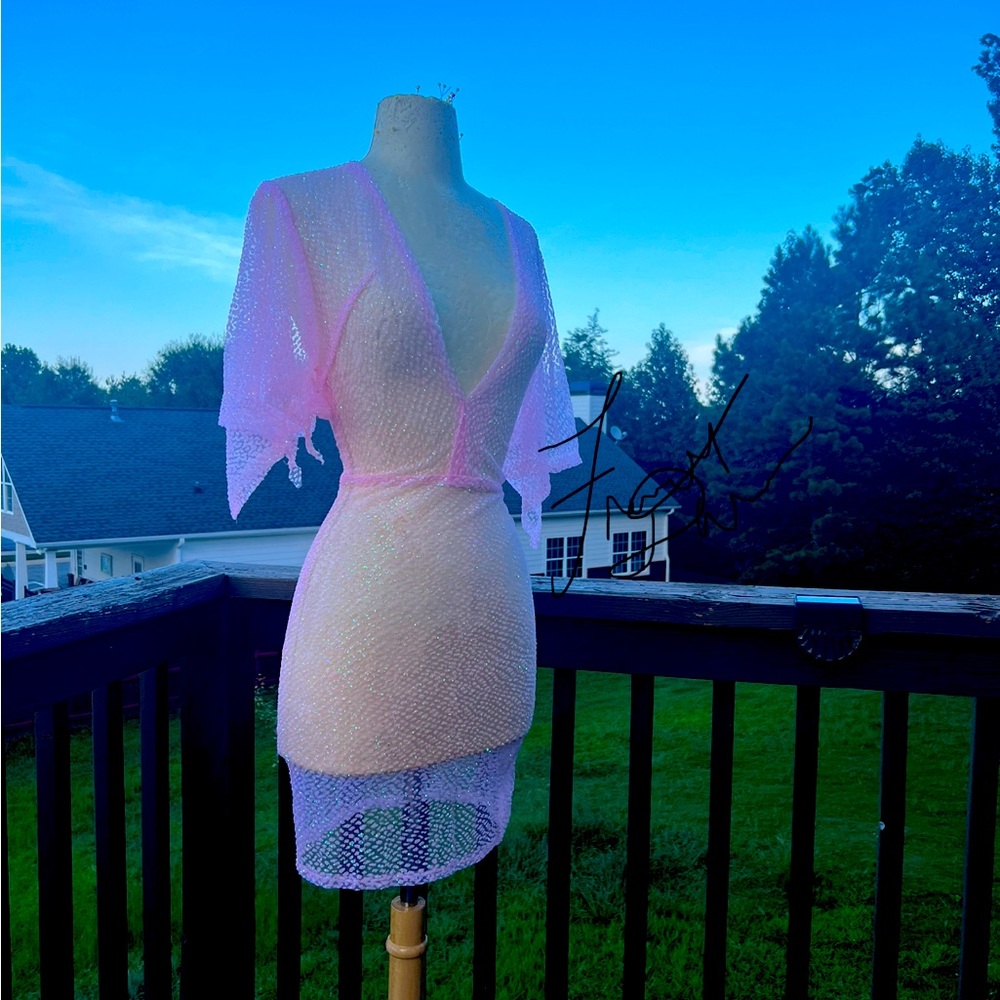 FANCY BY FRANCESCA WATSON GENTLY USED SHORT DESIGNER SPARKLE PINK DRESS HANDMADE